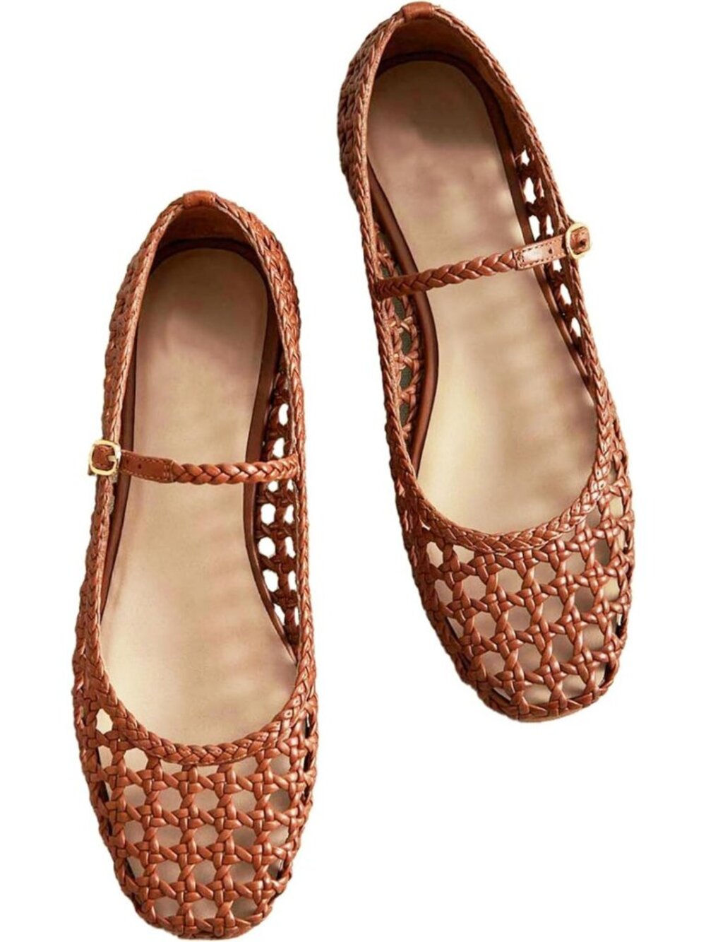 Comfortable Woven Mesh Ballet Flats with Buckle Strap - Stylish Round Toe Mary
